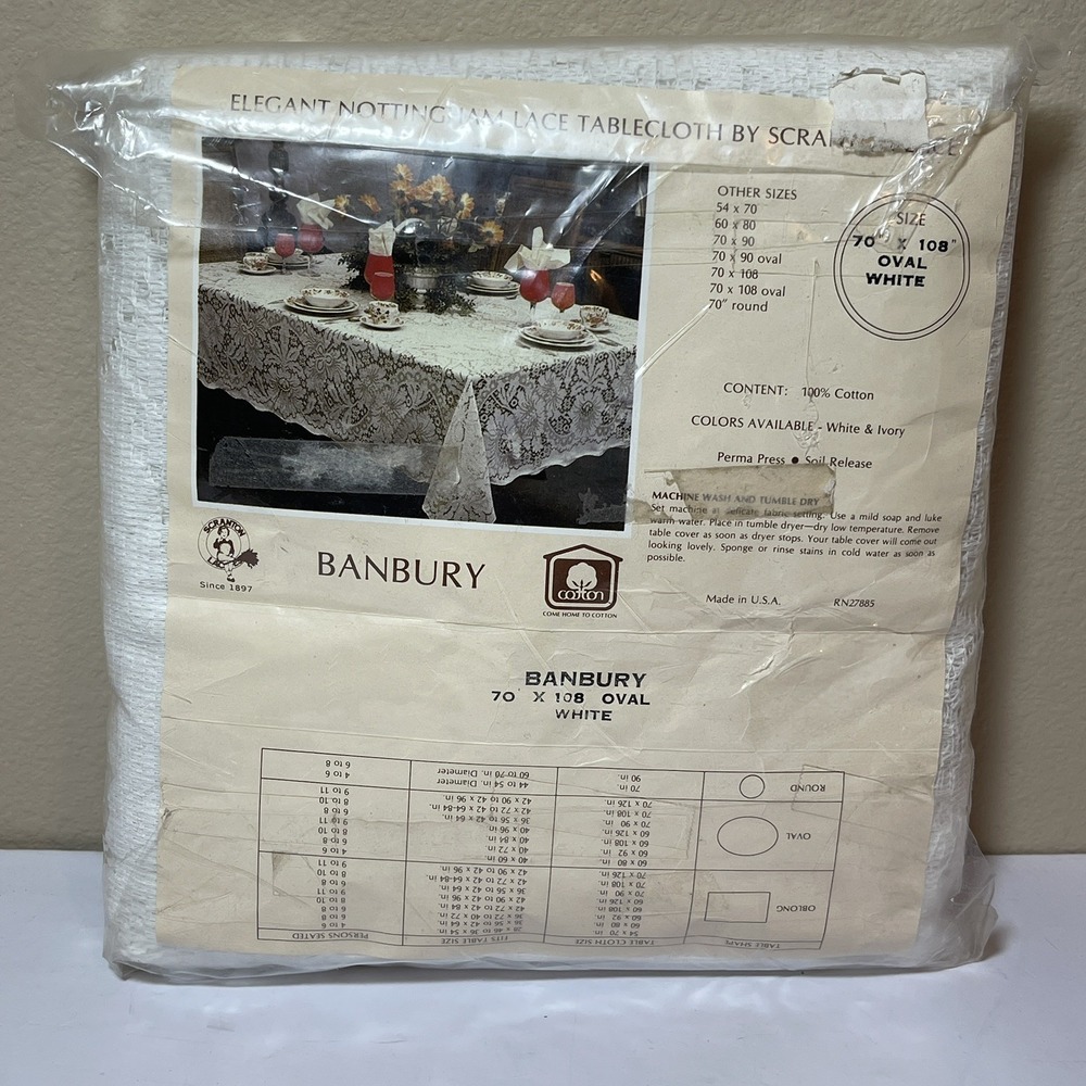 Scranton Lace Nottingham Banbury White Oval Cotton Tablecloth NOS 70x108 cottage